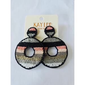 Kay Lee Glass Beaded Circle Earrings Black Pink New